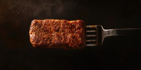 Poster - Meat steak seasoned with spices, accompanied by a meat fork against a dark backdrop.