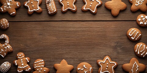 Poster - Gingerbread cookies on a wooden surface. Copy space. Top view.