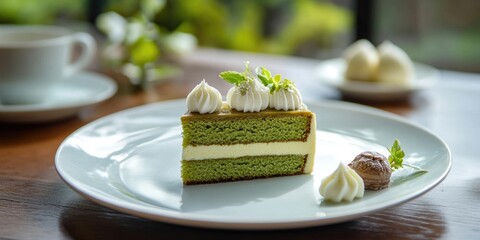 Poster - Green tea cake accompanied by vanilla cream on a white plate.