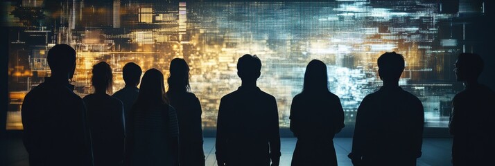 Aufkleber - A diverse group of people stands together, captivated by an abstract AI system in a high-tech exhibit at a recent technology conference. Generative AI