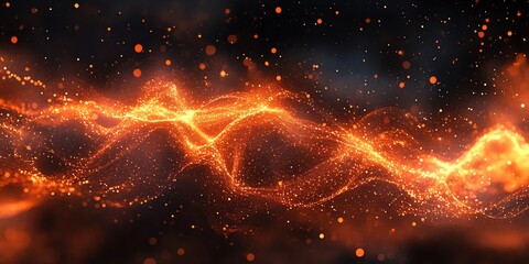 Poster - Abstract fiery orange particles flowing in dark space, resembling energy or cosmic dust.