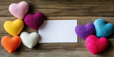 Wall Mural - Handmade felt colorful hearts and white paper on a wooden background with copy space. A crafting element for a romantic Valentine's Day greeting card.