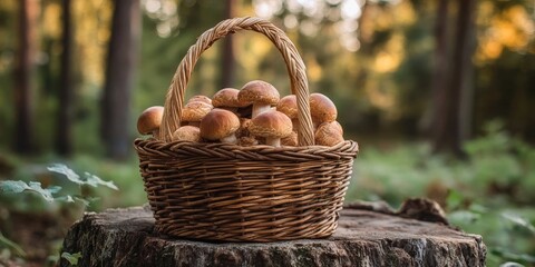 Aufkleber - Brown mushrooms in a basket resting on a tree stump.