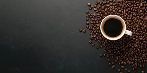 Poster - Top view of a coffee cup and coffee beans on a black table background, enjoying coffee time with copy space.
