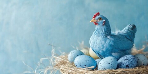 Poster - Easter painted blue chicken and quail eggs on a blue backdrop with copy space.
