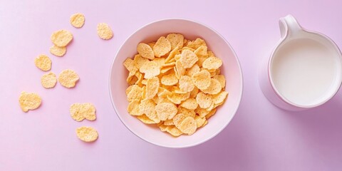 Aufkleber - Bowl of corn flakes and jug of milk on a purple background, top view.
