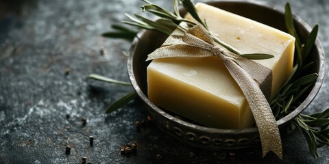 Poster - Olive oil soap in a metal bowl with a ribbon for a beauty image.