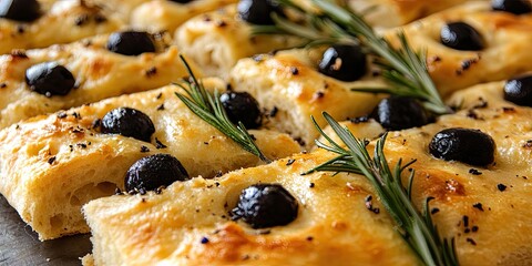 Poster - Classic Italian Focaccia topped with black olives and rosemary - homemade flatbread focaccia.