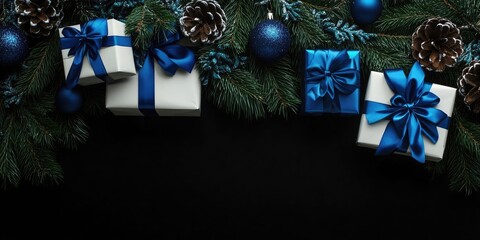 Poster - Christmas fir branches, blue and white gift boxes adorned with blue ribbons and Christmas decorations set against a black background. Copy space for a festive background.