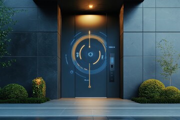 Poster - The entrance features cutting-edge security technology, including cameras, motion sensors, and a fingerprint scanner for added protection. Generative AI