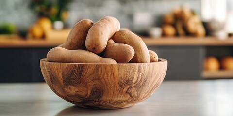 Aufkleber - Ripe, delicious tamarinds in a wooden bowl on a light table, closeup.