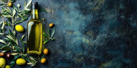 Aufkleber - Olive oil in a bottle on a textured background. A bottle of oil alongside olive branches and fruits. Area for text. Copy space. Cooking oil and salad dressing.