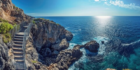 Aufkleber - Stunning view of a rocky cliff with a metal staircase situated near an incredible waving sea on a bright, cloudless day.