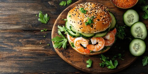 Poster - Burger, a sandwich containing shrimp, avocado, caviar, and cucumber. Set against a wooden background. Top view. Copy space.