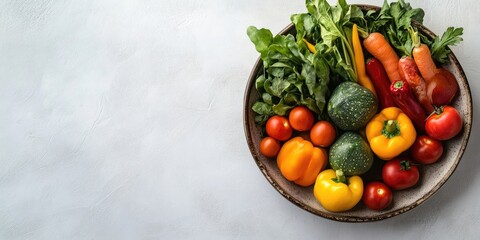 Poster - Fresh vegetables in a ceramic dish on a light background. Top view.