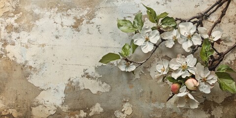 Aufkleber - Textured vintage paper backdrop featuring apple blossoms.
