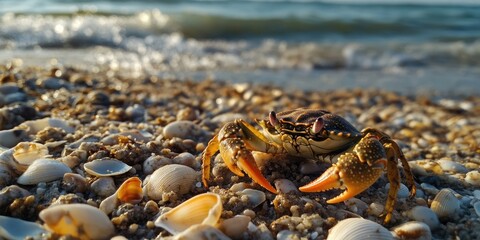 Aufkleber - European shore crab on seashells. A small crab on the shoreline near the ocean.