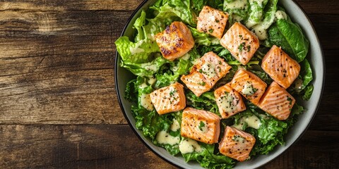 Poster - Caesar salad topped with salmon. Viewed from above. Set against a wooden background. Copy space.
