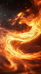 Poster - Abstract fiery swirl, glowing orange and yellow flames on black background with sparks.