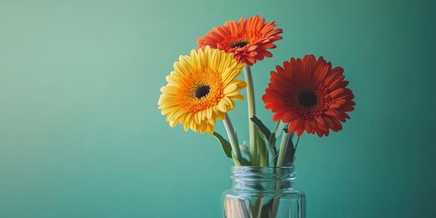 Poster - Closeup of a vase containing gerbera flowers against a green background.