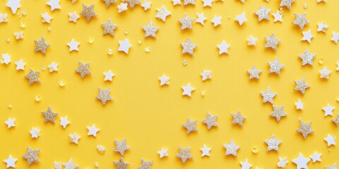 Aufkleber - sparkles shaped like stars on a yellow background, festive atmosphere, top view, copy space