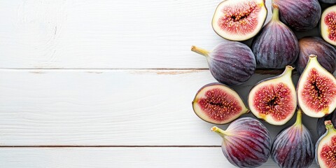 Poster - Fresh figs on a white wooden surface, top view. Viewed from above, overhead. Copy space.