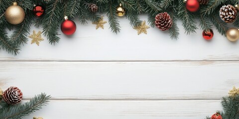 Poster - Christmas tree branch with ornaments on a white wooden table.