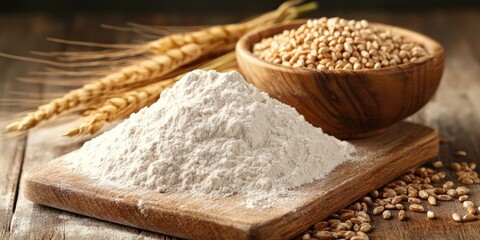 Poster - Mound of flour on a cutting board with ears of grain and grains in a bowl on a wooden table.