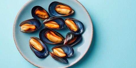 Aufkleber - Plate featuring pickled mussels on a blue background