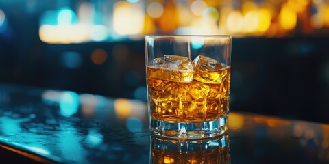 Poster - A glass of whiskey with ice. Background featuring copy space. A glass of liquor on the bar countertop.
