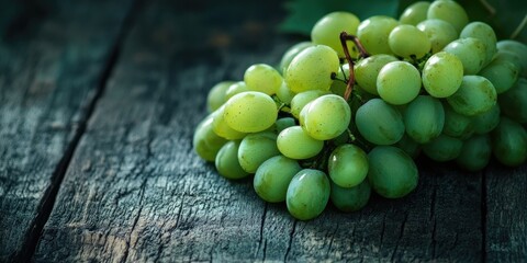 Poster - A cluster of fresh, ripe green grapes on an aged wooden table.