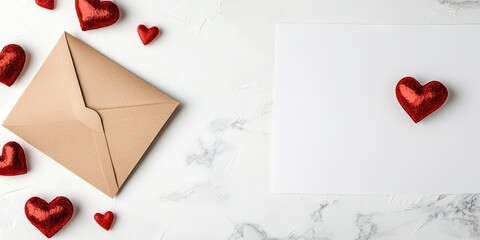 Wall Mural - Classic Valentine's Day background featuring hearts and an envelope on a white background. Copyspace. Top view.