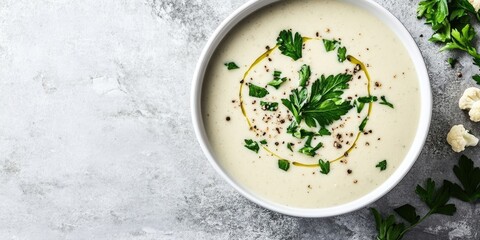 Aufkleber - Vegetarian cream cheese soup featuring cauliflower in a white bowl, top view, copyspace. Healthy vegan food idea.