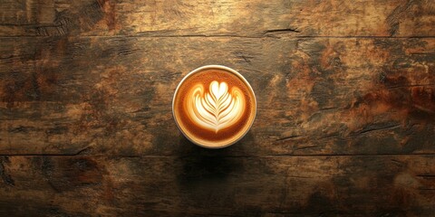 Aufkleber - Top view of a hot coffee latte art on a wooden table background.