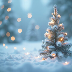 Wall Mural - christmas blurred background with a christmas tree and snow infront, copy space on the left side. sq
