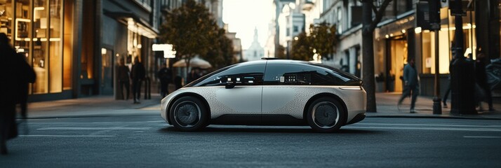 Poster - A self-driving car maneuvers through a bustling urban environment, showcasing its onboard AI technology in action. Generative AI