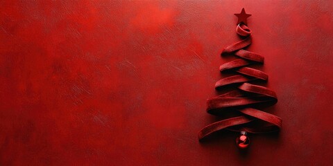 Poster - Christmas tree created from dark red velvet ribbon on a colored background. Vertical flatlay.