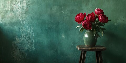 Poster - Vase of red peonies on a stool beside a green wall.