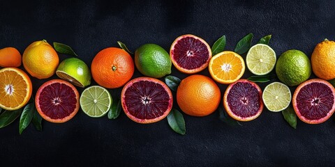 Poster - Fresh, juicy citrus fruits on a dark background. Blood oranges, navel oranges, and lime.