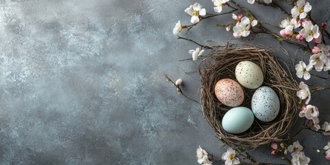 Aufkleber - Easter eggs in a nest on a grey background. Easter backdrop featuring eggs and spring flowers. Top view with copyspace.