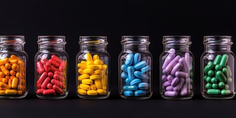 Poster - colorful pills in glass jars on a black background