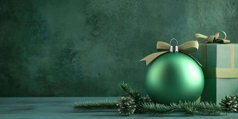 Aufkleber - Green Christmas ornament featuring a ball, bow, and small gifts against a wall backdrop, xmas decoration.