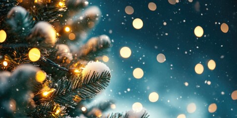 Poster - christmas tree lights above a snowy dark blue sky background.