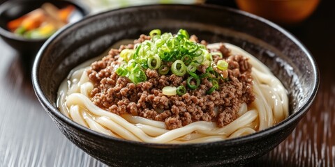 Poster - Japanese cuisine, ground beef on chilled Udon noodles