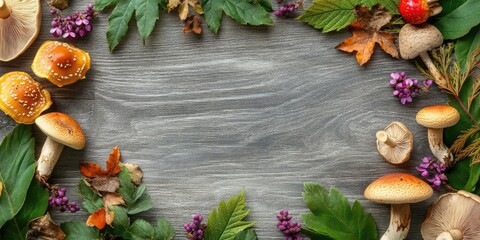 Poster - Photo frame featuring raw mushrooms, rowan berries, green leaves, and purple flowers on a gray wooden background, top view, copy space.