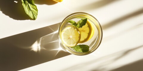 Aufkleber - Top view of a glass of water with lemon and mint. Wellness, healthy eating, beverages, diet, detox. Fresh summer lemonade. Shadows on a white background. Sunlight. Copy space.