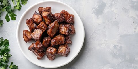 Poster - Fried and extremely dry pork on a white porcelain plate with copy space.