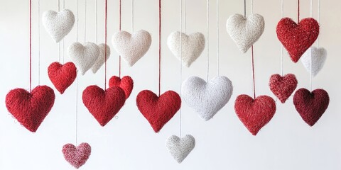 Fototapete - Red and white handcrafted hearts suspended against a white backdrop. Copy space.