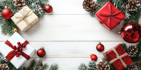 Poster - Christmas decorations are displayed on a white wooden background.