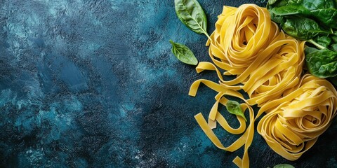 Aufkleber - Italian pasta food backdrop. Fresh vegan Italian pasta with spinach (Spinach Fettuccine Alfredo Pasta) on a dark surface. Vintage kitchen background. Copy space.